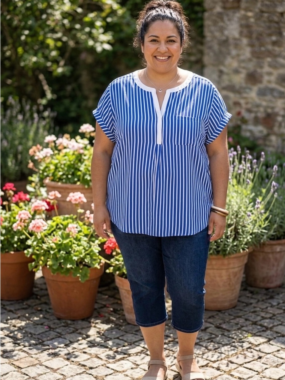 Liz Claiborne Blue and White Striped Short-Sleeve Blouse EUC